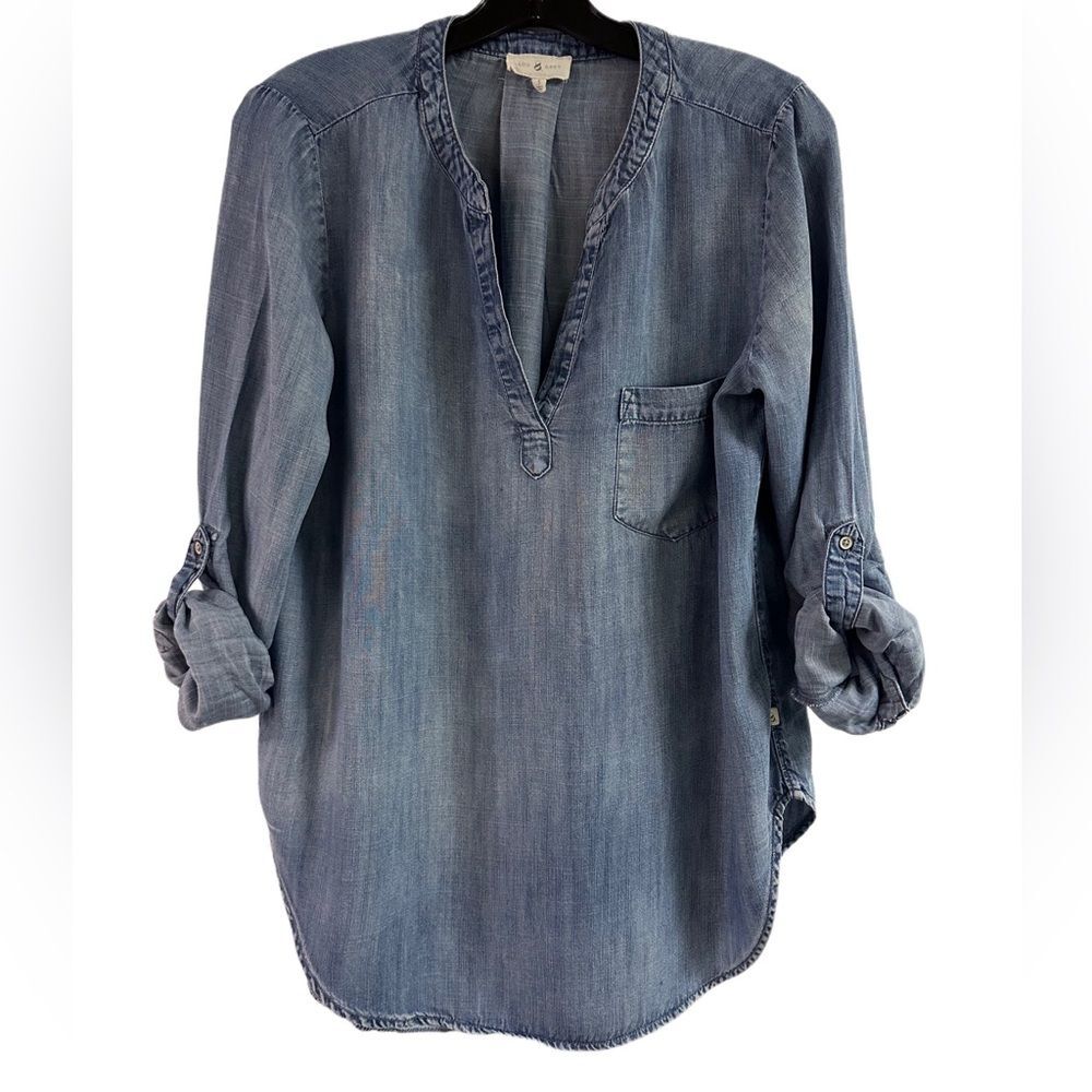 Lou & Grey Denim Roll Tab Sleeve Pop Over Tunic Top Size S